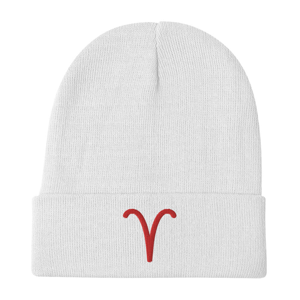 Aries in Red Embroidered Beanie
