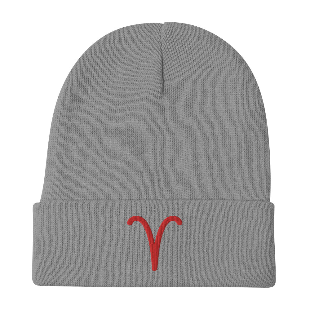 Aries in Red Embroidered Beanie